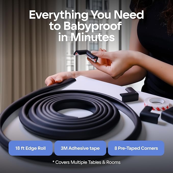 Baby Proof Corners and Edges with Furniture Corner & Edge Safety Bumpers, Impact-Absorbent 18ft Bumper & 8 Foam Corner Protectors, Cushy, Thick, Odorless Table Edge Protectors for Baby, Child | Black