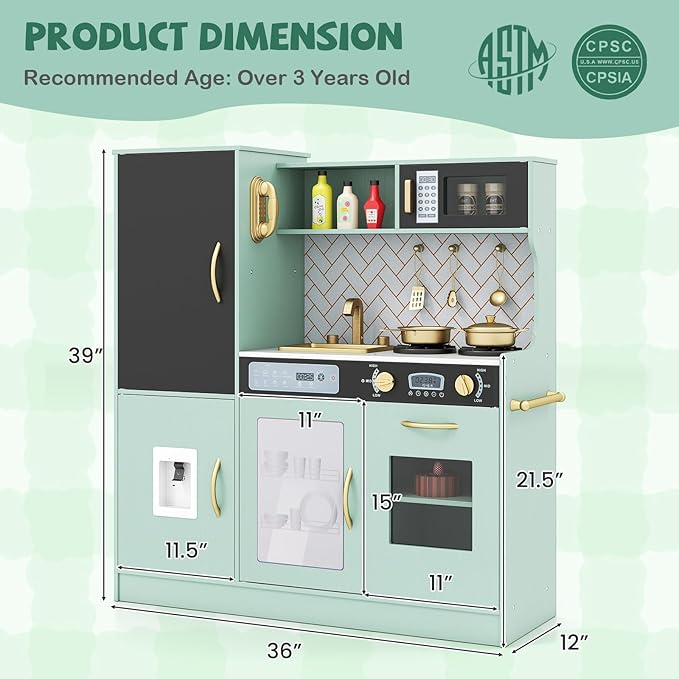 HONEY JOY Upgrade 39 in Kids Kitchen Playset, Large Wooden Little Chef Pretend Toy Kitchen Set w/Chalkboard, Telephone, Utensils, Oven, Microwave, Sink, Storage, Play Kitchen for Toddlers, Green