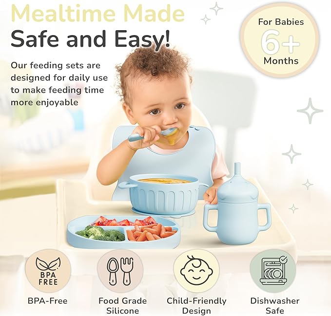 mimi & kiki BPA-Free Silicone Baby Feeding Set, Baby Plates and Bowls Set, Baby Led Weaning Supplies, Silicone Suction Plate, Baby Utensils, Bib and Cup, Self Feeding, Dishwasher Safe (Light Blue)