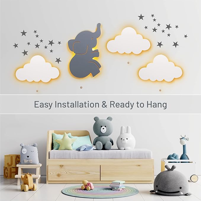 Lumipets Lighted Elephant, Nursery Night Light, Wall Mounted Lighted, Battery Operated Cloud Light Sign–Lightweight Crescent Cloud Night Light for Babies, Toddlers, Kids