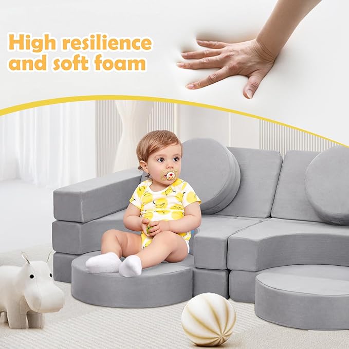 16Pcs Soft Play Blocks for Toddlers & Kids, Foam Climbing & Crawling Toys for Boys & Girls Aged 3+, Corner Climber Nugget Play Couch, Grey