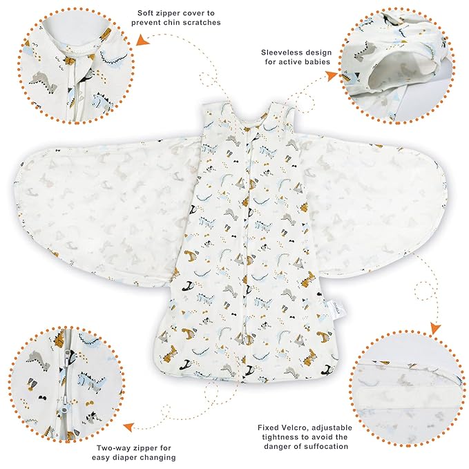 Swaddle-Blanket Baby Girl & Boy Swaddles Newborn Infant Transition 100% Cotton Wrap Blankets, 3-Way Adjustable Wearable Blanket, TOG 1.0 (Dinosaur, 3-6 Month)