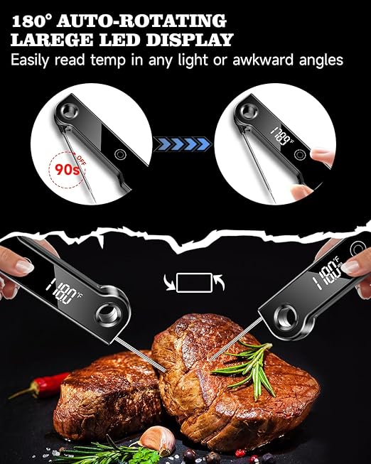 2025 Meat Thermometer Digital, ±0.5°F Accuracy Instant Read Thermometer180° Rotating Display, Calibratable and Auto Off, IP67 Waterproof Food Thermometer for Cooking,Grill,Oil Deep Fry, Brewing,Candy