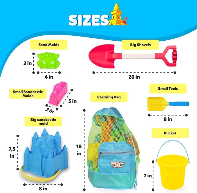 Beach Toys for Kids and Toddlers Ages 3-10 – Durable Sandbox Toy Set, Stronger Mesh Bag, Variety of Sand Toys– Unique Castle Molds, Buckets, Shovels, Better Watering Can