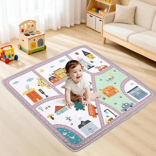 Baby Play Mat for Floor,Soft 50x50 Playpen Mat,Thick Foam Cushioned Playmat for Tummy Time,Safe Non-Slip Backing for Crawling for Kids Toddlers Infants,City Road
