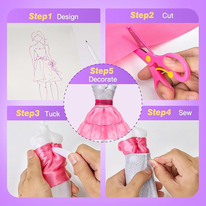 Anpro 650+Pcs Fashion Designer Kit for Girls with 2 Mannequins, DIY Arts & Crafts Kit for Girls Age 6-12 Toys, Doll Clothes Making Sewing Kit -Pink