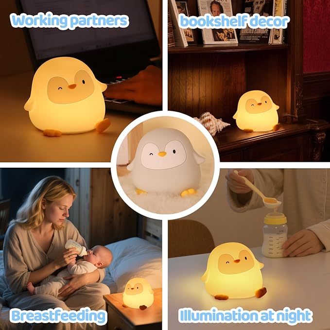 Squishy Penguin Silicone Night Light for Kids - USB Rechargeable LED Lamp with Soft Touch, Long Lasting Battery & Touch Control - Cute Penguin Light for Kids Room, Decor & Gifts