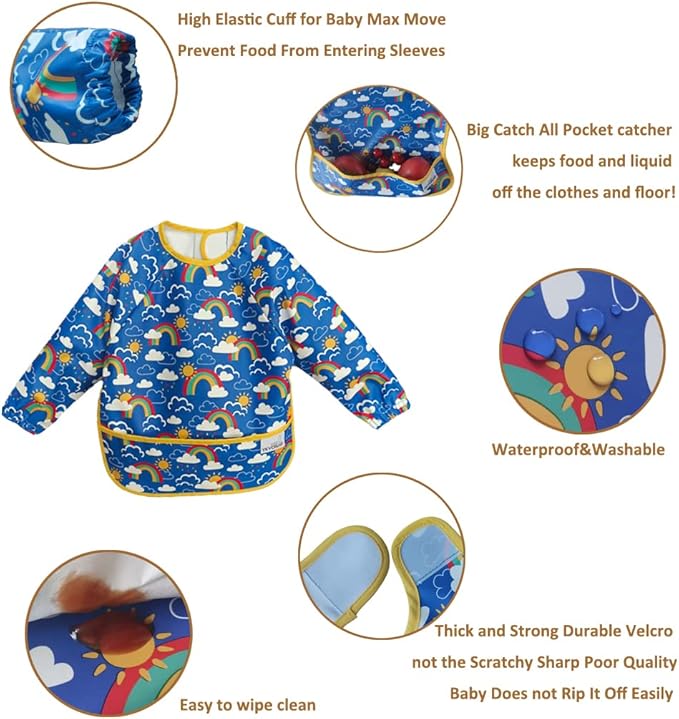 2 Pack Baby Bibs for Boy,Baby Bibs for Eating,Mess Proof Baby Bib,Full Sleeve Bib,Waterproof Bib for Toddlers