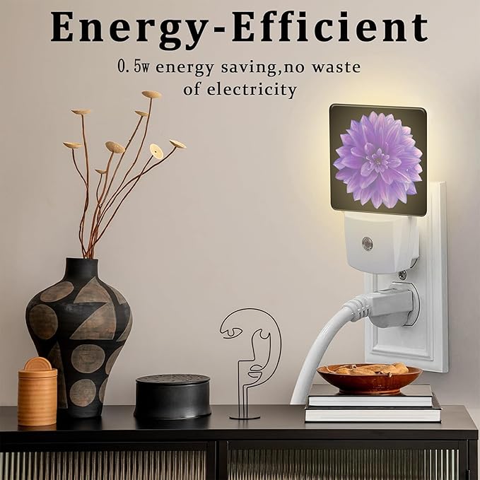 Purple Dahlia Flower Night Light for Kids, Abstract Blooming Floral Night Light Plug in with Dusk to Dawn Sensor, 0.5w Energy Saving Sleep Friendly Nightlight for Hallway Stairway Kitchen Bedroom