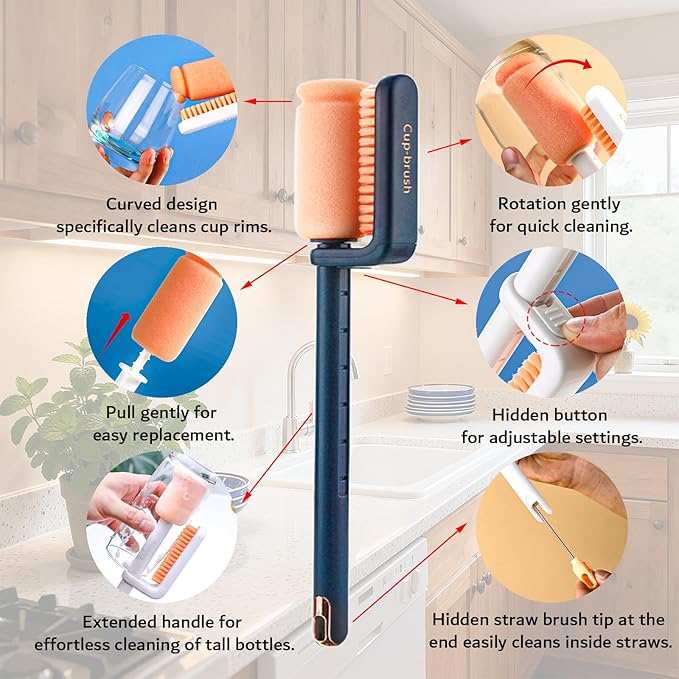 Bottle Brush Cleaner, 3-in-1 Water Bottle Cleaner Brush Straw Nipple Bottle Cleaner Brush Set Long Handle Bottle Cleaning Brush for Washing Tumblers, Sport Bottles, Cup Lid Cleaning Brush Blue