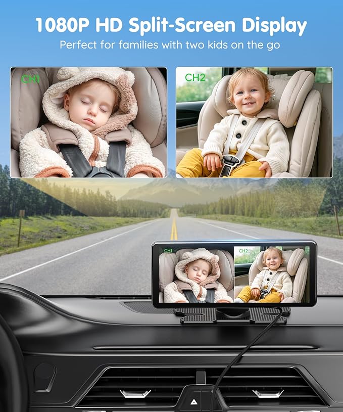 Babyvue BV3 PRO Dual Baby Car Camera – See 2 Kids Clearly with 7.2" HD Screen, 1080P Night Vision, 3-Level Brightness, Rear-Facing Monitor for SUV/Truck
