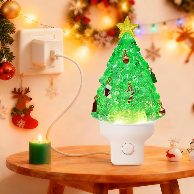 Christmas Tree Night Light Plug into Wall Swirling Glitter USB Portable Christmas Decorative Night Light Decoration for Kids Adults Bedroom Kitchen Living Room Holiday Decor (Tree)