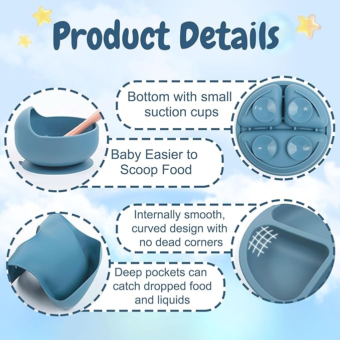 Personalized Silicone Baby Feeding Set with Name, Customized Baby Led Weaning Supplies Self Feeding Eating Utensils with Spoon, Fork, Silicone Suction Bowls, Cup, Plate Smoky Gray