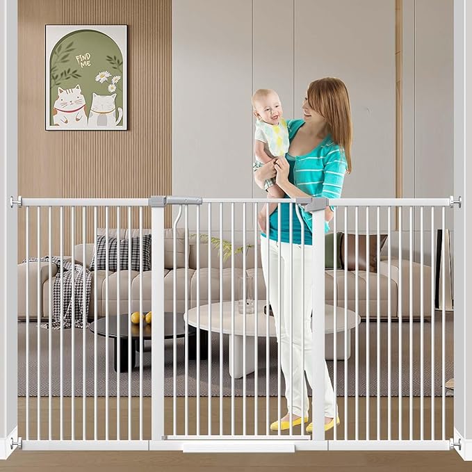 Fairy Baby 40.5" Extra Tall Baby Gate No Drill, 65.8"-72.2" Extra Wide Large Dog Gate, Pressure Mounted Walk Through Adjustable Tension Safety Gate, Auto Close Child Pet Gate for Stairs Doorway, White