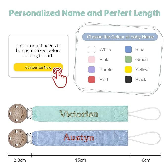 TYRY.HU Personalized Pacifier Clip with Name, Embroidery Webbing Pacifier Holder for Baby Girls and Boys, Neutral Binky Clips Universally Fit All Pacifiers & Baby Toys, Baby Gift, 2 Pack(Blue, Green)