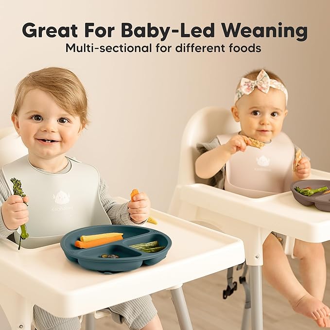 KeaBabies Suction Plates for Baby, Toddler - 3-Pack 100% Silicone Toddler Plates with Suction, Divided, BPA-Free Baby Led Weaning Essentials for Kids, Dishwasher, Microwave Safe, Durable (Rocky)