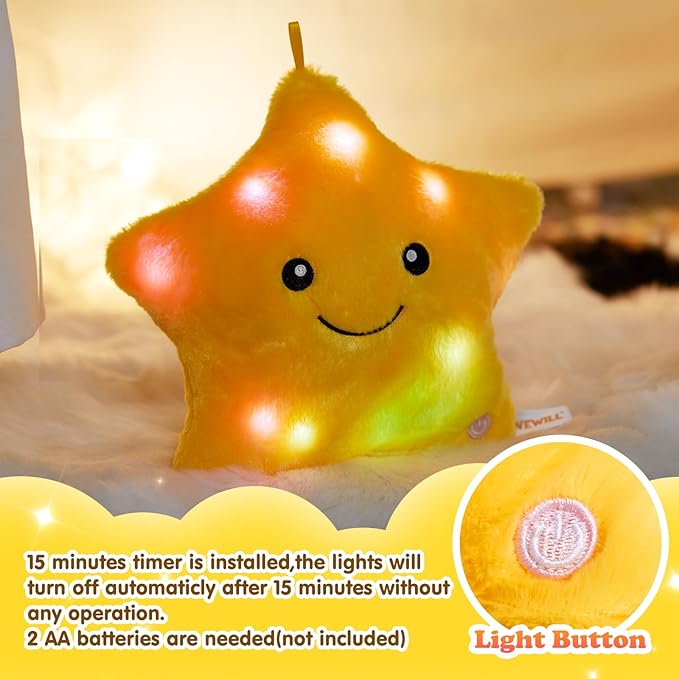 WEWILL 9'' LED Twinkle Star Soft Plush Pillow Toys Glowing Stuffed Star Light up Pillow Plush with Colorful Night Lights Birthday for Toddler Kids(Yellow)