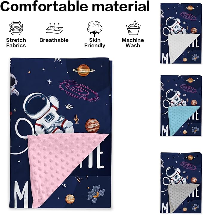 Custom Name Baby Blanket – Plush Flannel Receiving Swaddle with Double-Layer Dotted Backing – Astronauts and Blue Space Theme for Infants and Toddlers