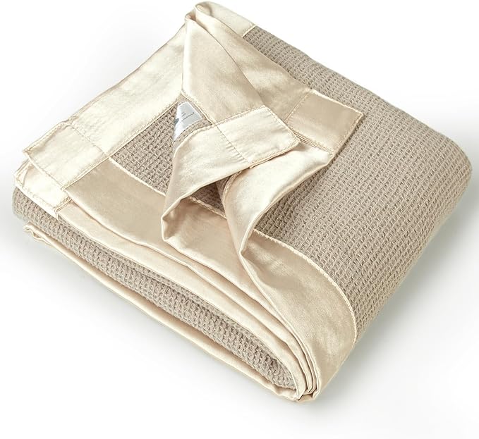 lulumoon Swaddle Baby Blanket: Waffle Blanket with Satin Trim - Soft Breathable Toddler Blankets Perfect for Nursing Cover and Playtime - Cotton Crib Quilt for Daytime Naps 40"x36"(Oat)