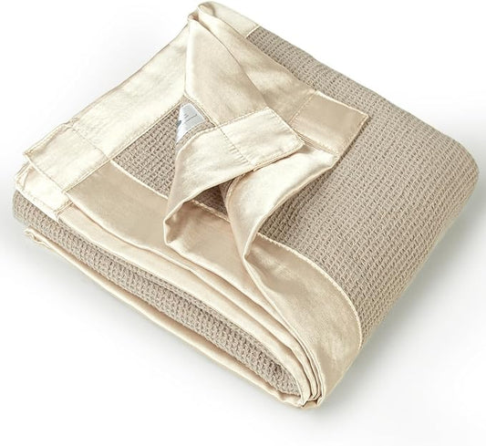 lulumoon Swaddle Baby Blanket: Waffle Blanket with Satin Trim - Soft Breathable Toddler Blankets Perfect for Nursing Cover and Playtime - Cotton Crib Quilt for Daytime Naps 40"x36"(Oat)