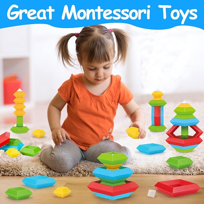 Tsomtto Montessori Toys for 1 2 3 4 5 6 Year Old Boy Girl Toddlers Preschool Learning Activities 30 Pcs Stacking Building Blocks STEM Stackable Educational Sensory for Kids Age 1-3 3-5