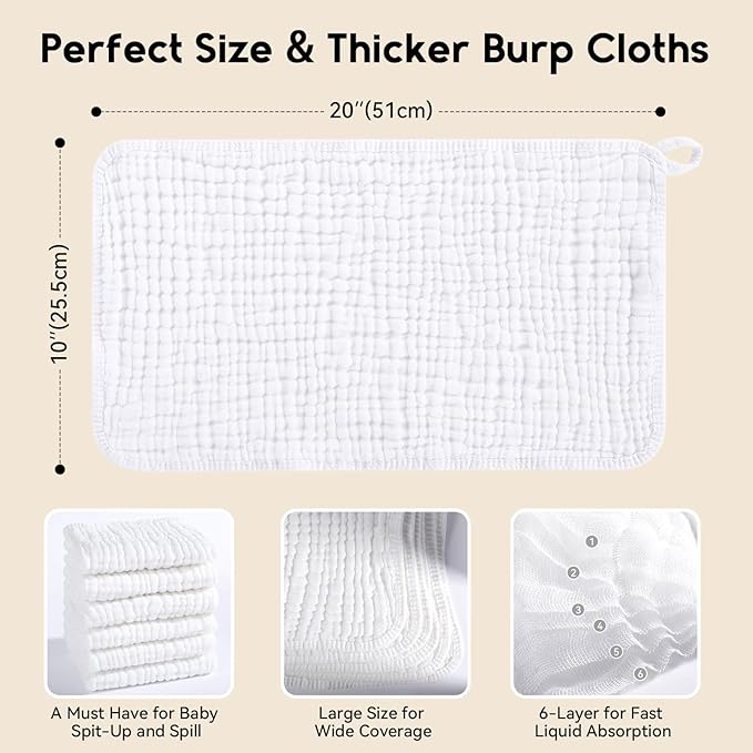 Muslin Burp Cloths for Baby 100% Cotton Burping Cloths for Boys Girls Large 20''X10'' Extra Soft and Absorbent 12 Pack - White