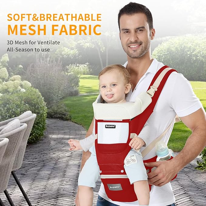 KIYUMI Baby Carrier with Hip Seat, Ergonomic M Position, Newborn to Toddler, Head Support and Breathable Mesh,Adjustable Removable 6- in-1 Baby Baby Sling Carrier (7-45 lbs) for Mom Dad, Red