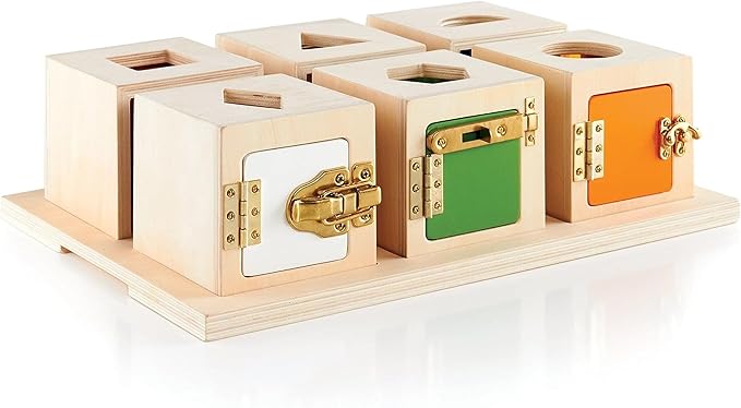 Guidecraft Peekaboo Lock Boxes with Storage Tray: Sorting & Stacking Toy for Children - Kids Early Learning , Multi-colored Wooden Educational Toddler Toy