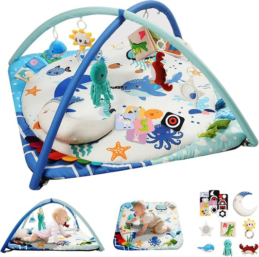 Baby Play Gym with 4 Developmental Zones – Tummy Time Mat & Activity Mat with 6 Sensory Toys, Visual Cards & Pillow – Baby Essentials & Ideal Gift for Newborns