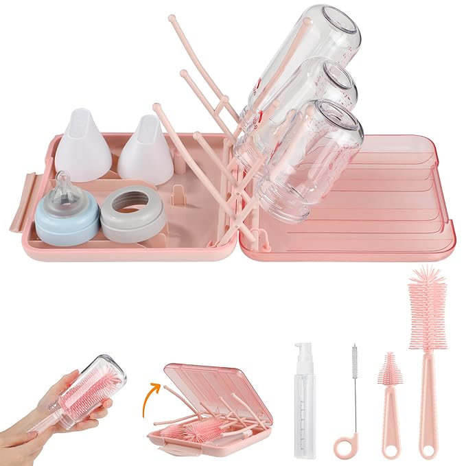 Baby Bottle Brush Set-6 in 1 Bottle Brush Cleaner with Silicone Bottle Brush,Drying Rack,Nipple Brush,Straw Brush,Soap Dispenser&Storage Box-Baby Essentials Gifts for Home&Travel(Pink)