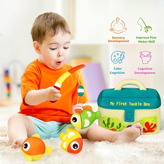 KMUYSL Baby Toys 0-3-6-9-12 Months, My First Tackle Box Plush Toys -4 Pcs Sensory Playset Soft Toys with Squeaker Crinkle for 0-12 Months Newborn Infant, Birthday for Boys Girls