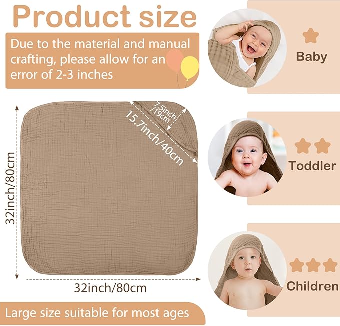 Peryiter 6 Pcs Muslin Hooded Baby Towels, 32"x 32" Cotton Newborn Bath Towel Muslin Infant Baby Blankets Absorbent Unisex Newborn Registry Gift Essentials for Girls Boys(Brown and Pink Series)