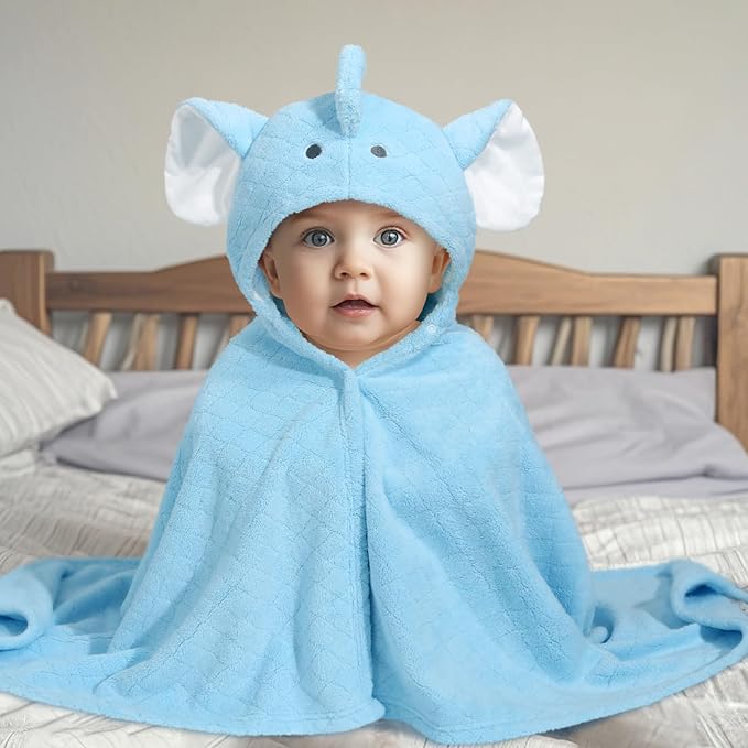 Toddler Bath Towel with Animal Hood for 0-5 Years,2 Pack Coral Fleece Bath Towels with Large Size 50 in*32 in,Ultra Absorbent Thick Soft for for Baby Kids Chirdern, Blue Elephant & Yellow Lion