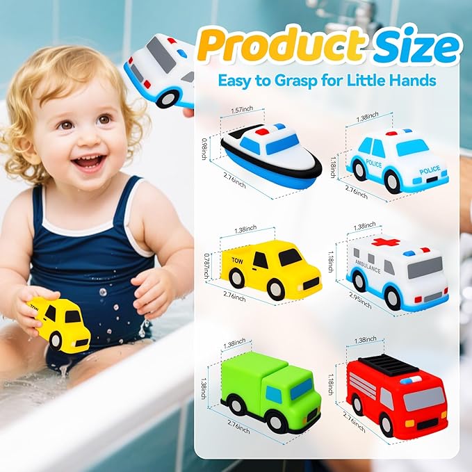 Silicone Cars Bath Toys for Toddlers, Christmas Birthday Gifts Age 1+, 6 Pack No Hole Bath Toys Design Keeps Moisture Out, Vehicles Play Set for Little Boys Girls Kids Christmas Stocking Stuffers