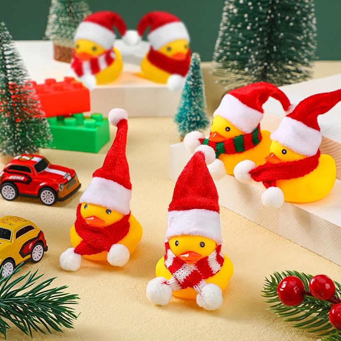 Funtery 12 Pcs Christmas Rubber Ducks Bulk with Xmas Hats and Scarf Mini Bath Rubber Ducky Showers for Xmas Winter Holiday Celebration Party Favors Stocking Stuffers Birthday Gift Exchange