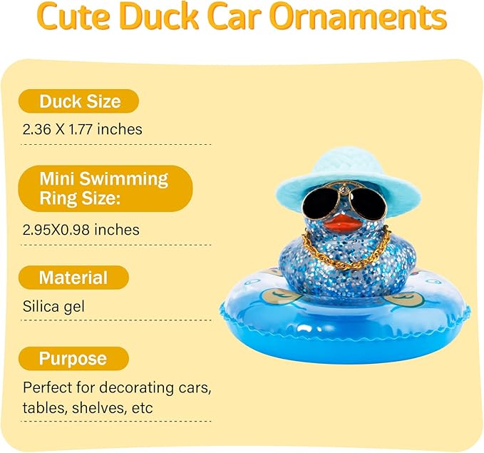 wonuu 2Pcs Car Dashboard Decorations Color Ducks, Rubber Duck for Car Ornament Accessories with Mini Hat Sunglasses Necklace and Swim Ring, B_Dark Blue Duck+Blue Sun Hat&Blue Sun Hat