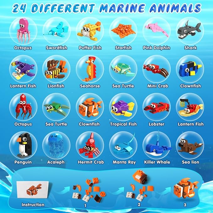 HOGOKIDS 24 Pack Party Favors for Kids Building Set - 629PCS Marine Animals Building Blocks Toy for Goodie Bag Stuffers Classroom Prizes, Valentines Day Easter Birthday Gift for Boys Girls Ages 6-12
