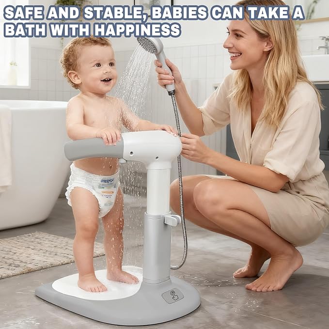 Baby Shower Stand Foldable Toddler Shower Standing Support with Anti-Slip Base Adjustable Infants Bath Support for 8-36 Months Portable Bath Helper (Upgraded-Grey)