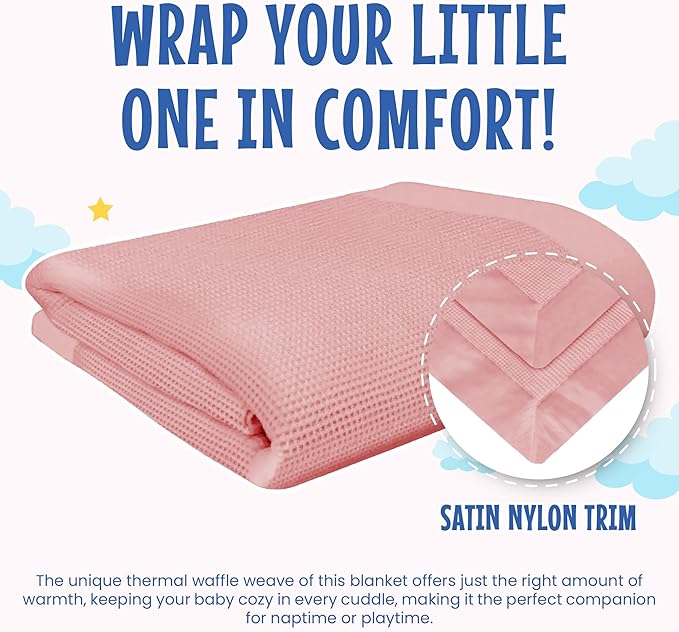 Thermal Waffle Knit Baby Blanket - Soft Breathable Mini Blanket for Newborns and Infants - Toddler Blankey for Strollers, Travel, Naptime, Nursery and More - 18" x 20" (Pink, Satin Trim)