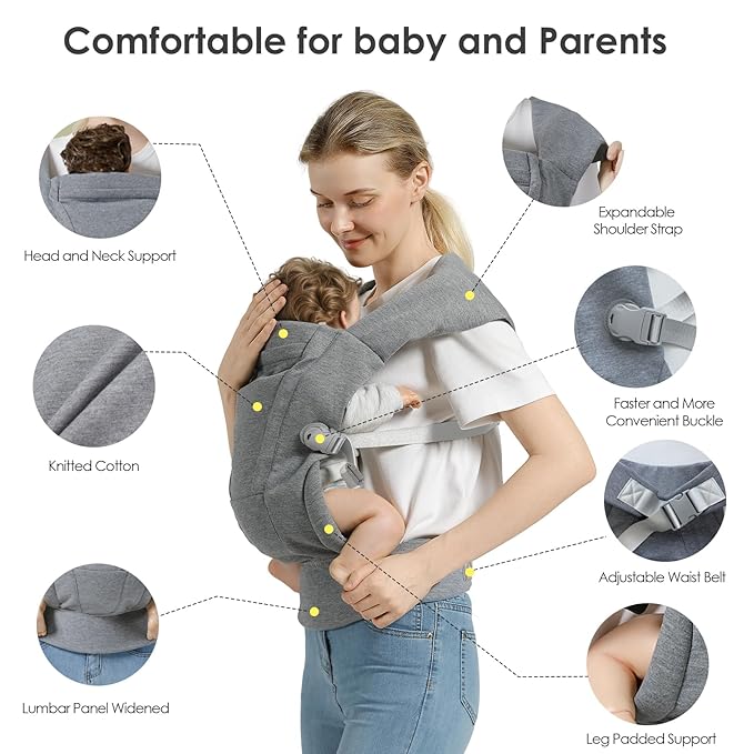 Baby Carrier Newborn to Toddler Baby Wraps Carriers(7-30lbs), Newborn Carrier with Head Support, Infant Holder Carrier with Enhanced Lumbar Support, Light Grey