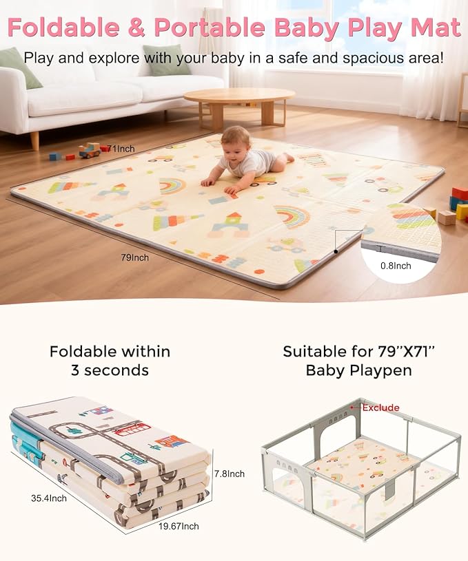 Play Mat for Babies 79x71 | 0.8Inch Thick Foldable Baby Foam Playmat | Waterproof Playmat for Toddler Crawling | Reversible XPE Large Floor Playroom Mat Kids