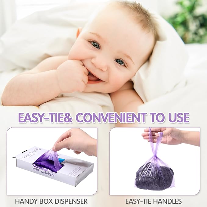 Honoson 1200 Count Baby Disposable Diaper Bags Scented Diaper Sacks with Tie Handle Disposal Baby Poop Trash Bags Waste Sacks Refill (Purple)