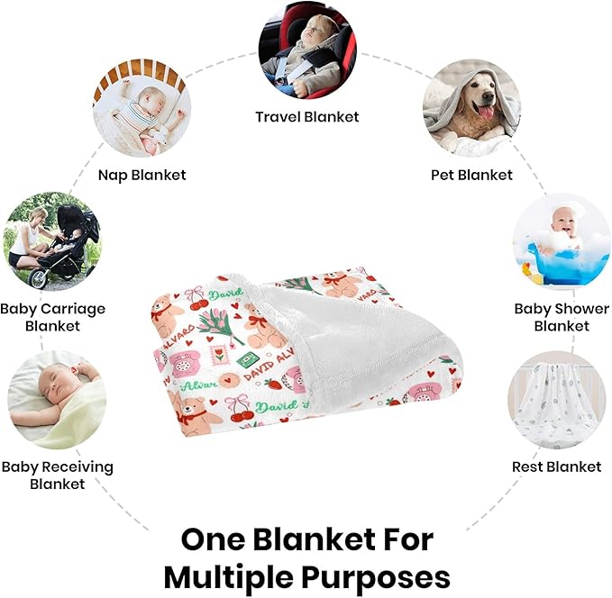 Ship Next Day, Personalized Baby Blanket for Boys Girls - Printed in USA, Custom Name Toddler Blanket with Care Bear Pattern, Perfect Newborn Gift