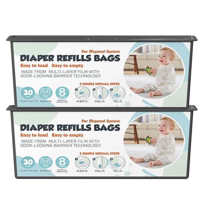 Diaper Pail Refills Bags with 30 Bags Compatible with Genie Easy Roll Signature and Platinum Diaper Pails, 7-Layer Odor-Barrier Technology, 2 Pack (60 Bag)