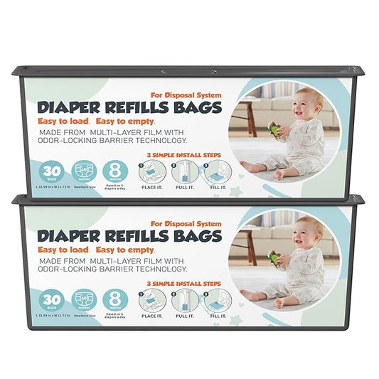 Diaper Pail Refills Bags with 30 Bags Compatible with Genie Easy Roll Signature and Platinum Diaper Pails, 7-Layer Odor-Barrier Technology, 2 Pack (60 Bag)