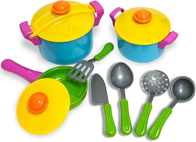 Small World Toys Kids Kitchen Playset, Pretend Play Cooking Toys with Play Pots, Pans, Utensils Cookware Toys, Toddler Kitchen Set for 3+, 11 Pcs Play Kitchen Set Learning Gift for Girls Boys