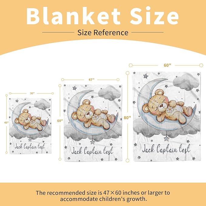 Personalized Baby Blanket, Custom Baby Blankets with Name for Infant Boys Girls, Flannel Double Layer Dotted Backing Receiving Swaddle Blanket, Gray Bear Toddler Customized Gifts(30"x40")
