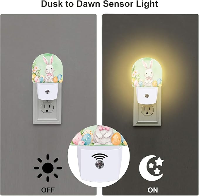Cute Easter Bunny and Eggs Night Light, Easter Rabbit and Flowers Dusk to Dawn Night Light Plug in,0.5w Energy Saving Sleep Friendly NightLight for Kids Boys Girls Home Decor