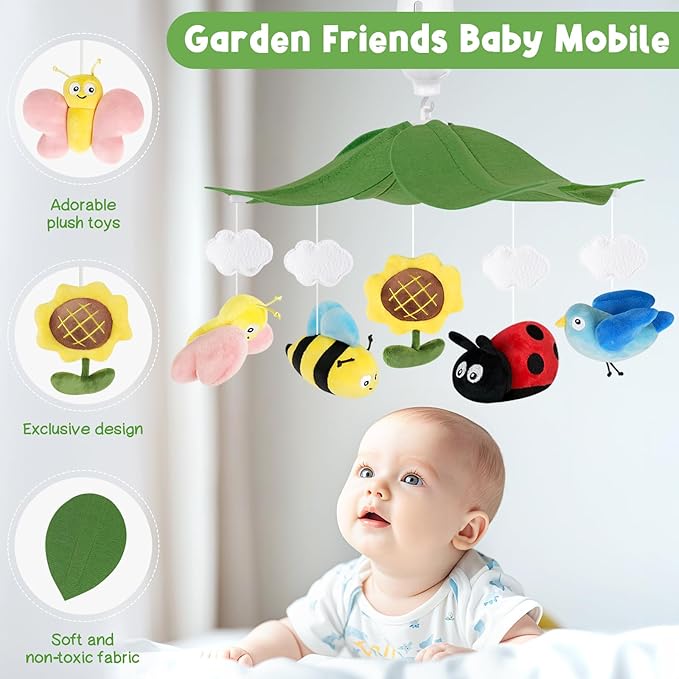 Garden Friends Crib Mobile – Baby Mobile for Crib with Upgraded 3-Mode Music Box, Nursery Mobile with Butterflies, Bees, Birds for Boys & Girls, Fits Standard Cribs, Forest Nursery Decor