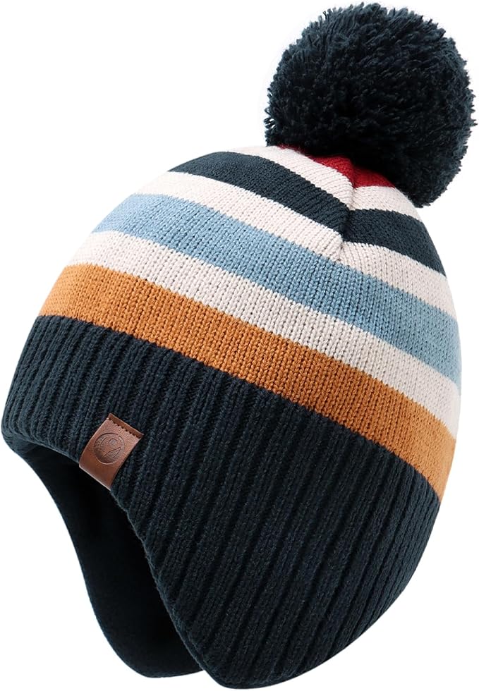 Duoyeree Kids Beanie Hat for Boys Girls Pom-pom Kint Hats Cozy Lining Winter Skull Cap